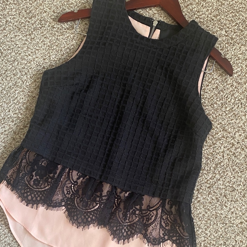 Greylin Anthropologie Layered Lilith Tank -Black Lace Overlay with Pink Lining S